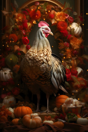 Illustration depicting a turkey. All around decorations made of flowers and pumpkins. Turkey as the main dish of Thanksgiving for the harvest. An atmosphere of joy and celebration.の写真素材
