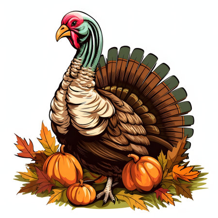 Illustration of turkey with days on the leaves of autumn trees. Turkey as the main dish of Thanksgiving for the harvest, picture on a white isolated background. An atmosphere of joy and celebration.の写真素材