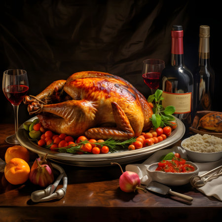 Pile of food, Roast turkey fruit, vegetables, bottle, wine, glasses and flowers on dark background. Turkey as the main dish of Thanksgiving for the harvest, picture on a white isolated background. An atmosphere of joy and celebration.の写真素材