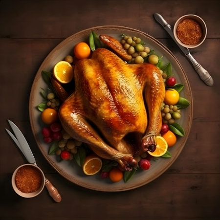 Top view of a plate of roast turkey, decorated with lemons, vegetables, fruits. Turkey as the main dish of Thanksgiving for the harvest. An atmosphere of joy and celebration.の写真素材