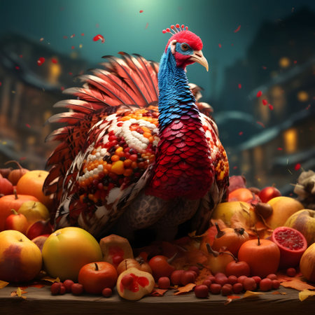 Colorful 3D turkey around apples, avocados, harvest from the orchard. Turkey as the main dish of Thanksgiving for the harvest. An atmosphere of joy and celebration.の写真素材
