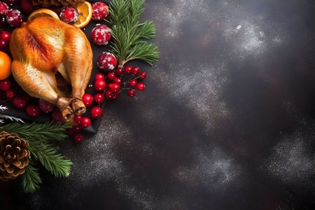 Baked turkey, around fruit and pine branches with pinecones, banner with space for your own content. Dark background. Blank space for caption.の写真素材