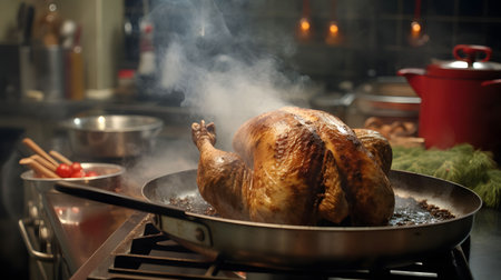 Pan-fried turkey chicken in the background of the kitchen. Turkey as the main dish of Thanksgiving for the harvest. An atmosphere of joy and celebration.の写真素材