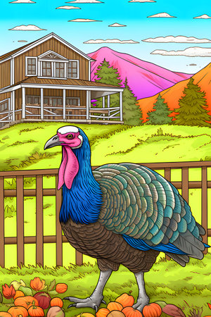 Illustration of a large turkey on a farm. Turkey as the main dish of Thanksgiving for the harvest. An atmosphere of joy and celebration.の写真素材