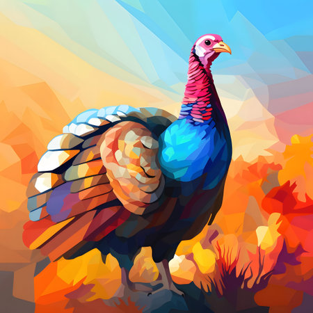 Colorful and turkey with geometric watercolor figures. Turkey as the main dish of Thanksgiving for the harvest. An atmosphere of joy and celebration.の写真素材