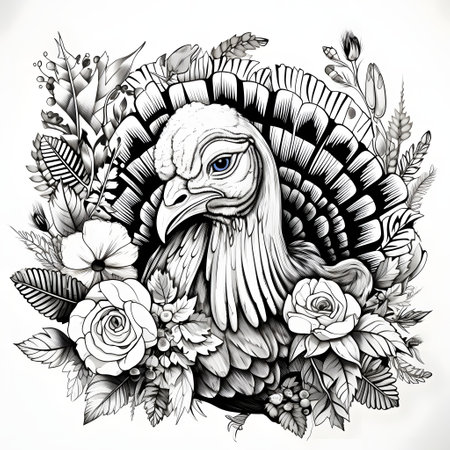 Black and white coloring book, image of a turkey decorated with flowers with roses. Turkey as the main dish of Thanksgiving for the harvest. An atmosphere of joy and celebration.の写真素材