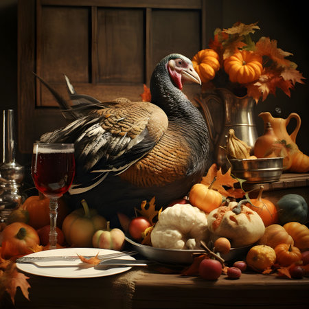 Live turkey walking around the table around pumpkins glasses, flowers, leaves. Turkey as the main dish of Thanksgiving for the harvest. An atmosphere of joy and celebration.の写真素材