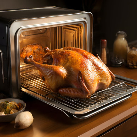 Turkey put in a small oven. Turkey as the main dish of Thanksgiving for the harvest. An atmosphere of joy and celebration.の写真素材
