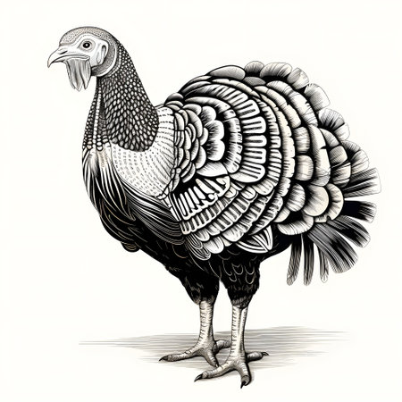 Black and white turkey engraving. Turkey as the main dish of Thanksgiving for the harvest, picture on a white isolated background. An atmosphere of joy and celebration.の写真素材
