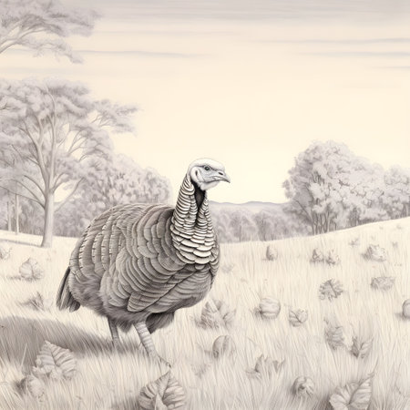 Black and White illustration, drawing, turkey in a field, around a tree, valley. Turkey as the main dish of Thanksgiving for the harvest, picture on a white isolated background. An atmosphere of joy and celebration.の写真素材