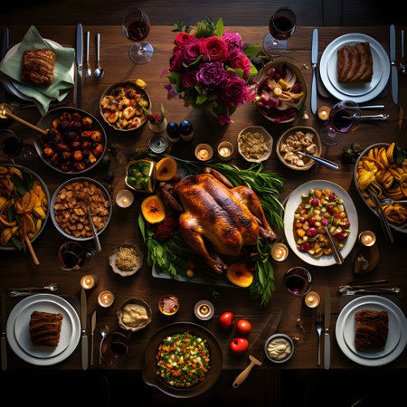 Top view of the table set with food, And on it plates, appetizers, soups roast turkey, flowers of roses. Turkey as the main dish of Thanksgiving for the harvest. An atmosphere of joy and celebration.の写真素材