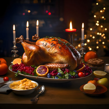 Roast turkey decorated with vegetables, fruits in the background candles and Christmas tree. Turkey as the main dish of Thanksgiving for the harvest. An atmosphere of joy and celebration.の写真素材