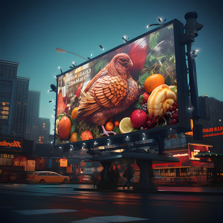 Big billboard with turkey teach to vegetables, fruits on the background of the city, city life. Turkey as the main dish of Thanksgiving for the harvest. An atmosphere of joy and celebration.の写真素材