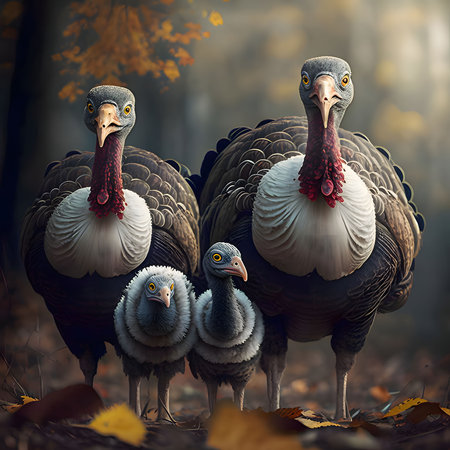 Two adults and two young turkeys. Turkey as the main dish of Thanksgiving for the harvest. An atmosphere of joy and celebration.の写真素材