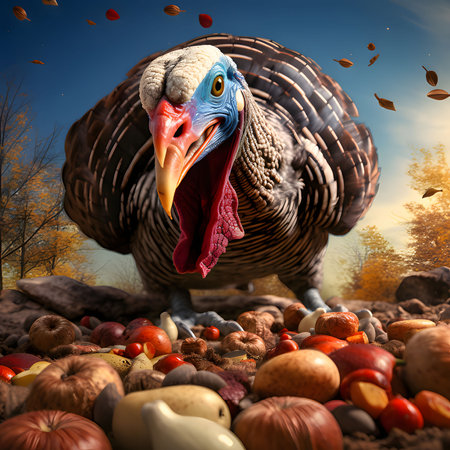 A giant approximation index standing on a pile of fruits and vegetables. Turkey as the main dish of Thanksgiving for the harvest. An atmosphere of joy and celebration.の写真素材