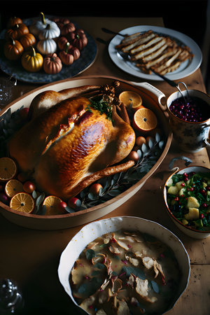 Top view of the table, set with food roast turkey soup, small pumpkins. Turkey as the main dish of Thanksgiving for the harvest, picture on a white isolated background. An atmosphere of joy and celebration.の写真素材