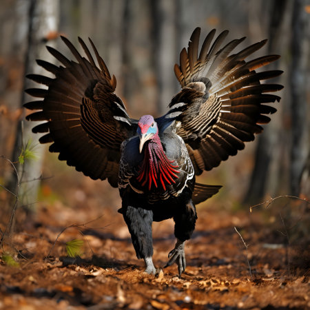 A large turkey in the woods with wings spread, preparing to fly. Turkey as the main dish of Thanksgiving for the harvest. An atmosphere of joy and celebration.の写真素材