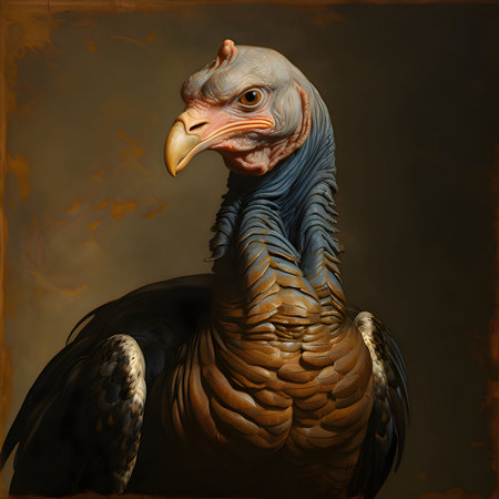 Close-up view of the head and trunk of a turkey, brown background. Turkey as the main dish of Thanksgiving for the harvest. An atmosphere of joy and celebration.の写真素材