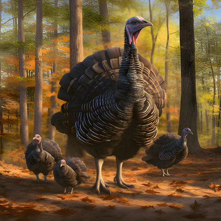 A large adult turkey with three baby turkeys in the woods, autumn. Turkey as the main dish of...