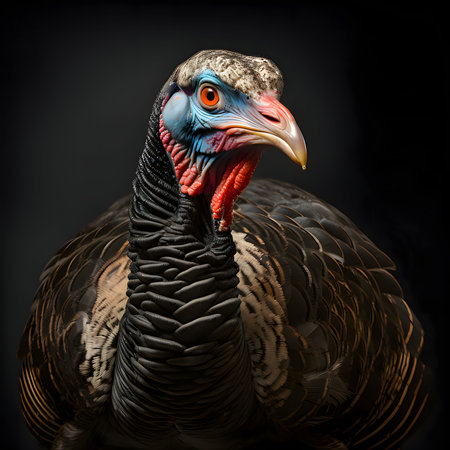 A detailed close-up view of the head of the turkey's beak eyes. Turkey as the main dish of Thanksgiving for the harvest. An atmosphere of joy and celebration.の写真素材