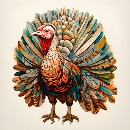 Turkey with colorful feathers. Turkey as the main dish of Thanksgiving for the harvest, picture on a...