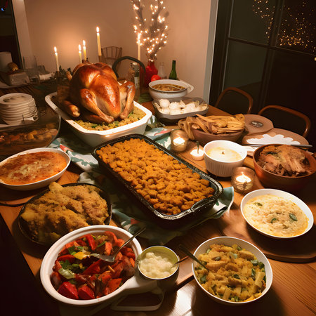 A table full of food for Thanksgiving candles and a roast turkey. Turkey as the main dish of Thanksgiving for the harvest. An atmosphere of joy and celebration.の写真素材