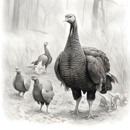 Black and White engraving drawing of a proud turkey in the forest in the middle of young, leaves and trees. Turkey as the main dish of Thanksgiving for the harvest. An atmosphere of joy and celebration.の写真素材