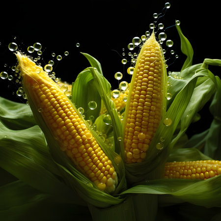 Is yellow corn in green Leaves all around drops of water, black background. Corn as a dish of thanksgiving for the harvest. An atmosphere of joy and celebration.の写真素材