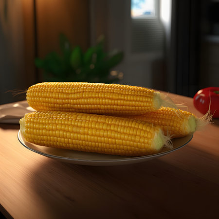 Three yellow corn cobs peeled from leaves on a plate on a wooden table. Corn as a dish of Thanksgiving for the harvest, picture on a white isolated background. An atmosphere of joy and celebration.の写真素材