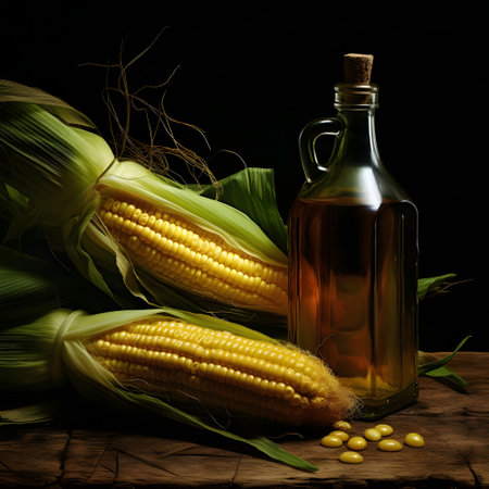 Two yellow corn cobs and a bottle with cork on a wooden table top, dark background. Corn as a dish of thanksgiving for the harvest. An atmosphere of joy and celebration.の写真素材
