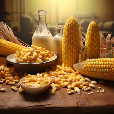 Yellow corn cobs on a wooden table two bottles of milk, corn kernels. Corn as a dish of thanksgiving...