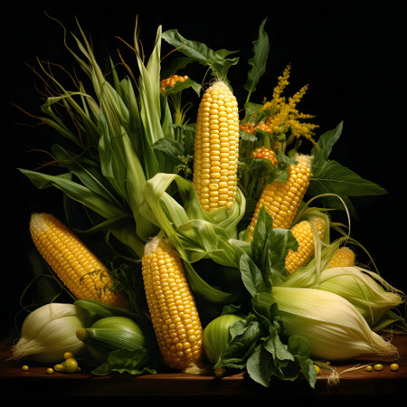 Autumn bouquet of corn cobs and harvest from the field on a black isolated background. Corn as a...
