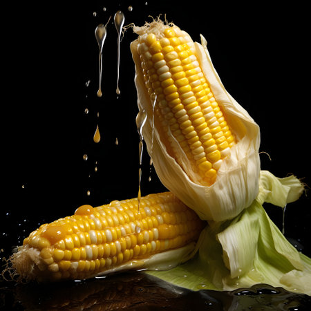 Two yellow corn cobs in a leaf dripping with water on a black background. Corn as a dish of thanksgiving for the harvest. An atmosphere of joy and celebration.の写真素材
