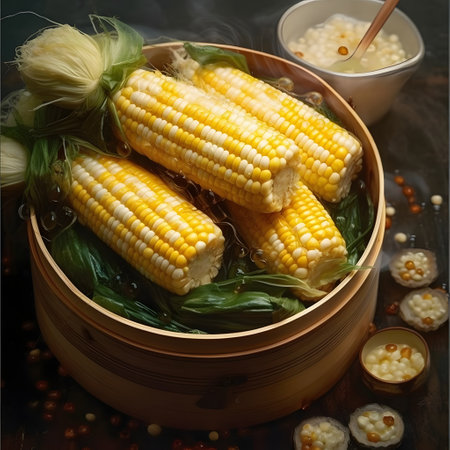 Cut yellow and white corn in a wooden container, prepared for soup. Corn as a dish of thanksgiving...