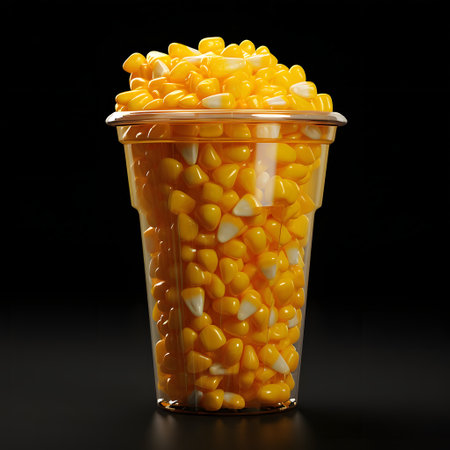 Corn kernels in a transparent plastic container isolated on a black background. Corn as a dish of thanksgiving for the harvest. An atmosphere of joy and celebration.の写真素材