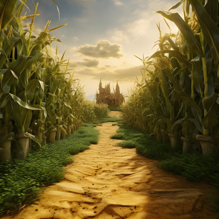 A path in a corn field to sheaves. Corn as a dish of thanksgiving for the harvest. An atmosphere of joy and celebration.の写真素材