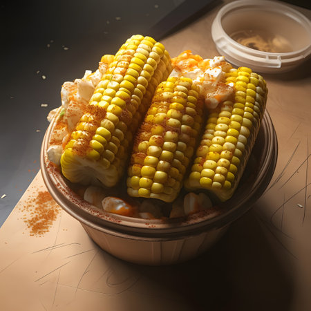 Small yellow corn cobs as elements of a vegetable salad in a container. Corn as a dish of thanksgiving for the harvest. An atmosphere of joy and celebration.の写真素材