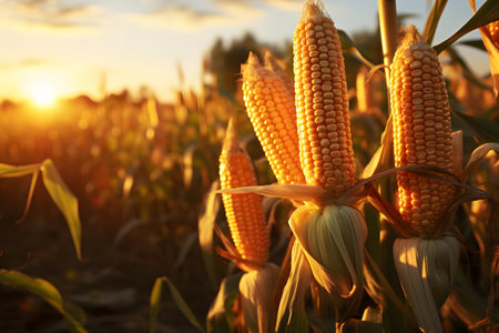 Yellow corn cobs in the field at sunrise or sunset. Corn as a dish of thanksgiving for the harvest....