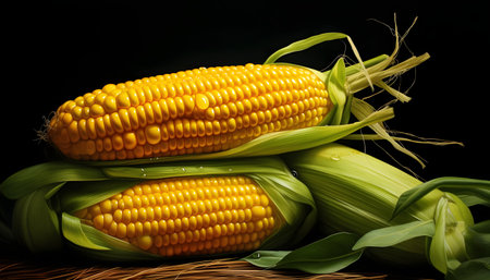 Three yellow corn cobs with leaves on black isolated background. Corn as a dish of thanksgiving for...