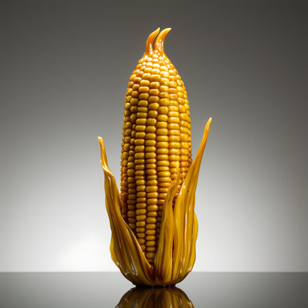 Standing corn cob in leaf old on gray background. Corn as a dish of thanksgiving for the harvest. An atmosphere of joy and celebration.の写真素材