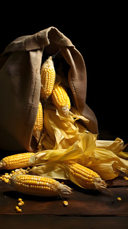 Yellow corn cobs and withered leaves in a cloth bag on a wooden table top, dark black background. Corn as a dish of thanksgiving for the harvest. An atmosphere of joy and celebration.の写真素材