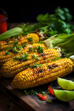 Yellow corn cobs with spices sprinkle scientific vegetable as decoration smudged background. Corn as a dish of thanksgiving for the harvest. An atmosphere of joy and celebration.の写真素材