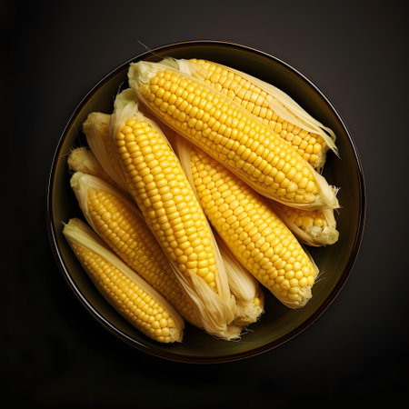 Bowl full of yellow corn cobs in green leaves. Corn as a dish of Thanksgiving for the harvest, a...