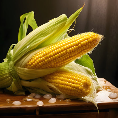 Two yellow corn cobs in green leaf on wooden top dark background. Corn as a dish of thanksgiving for...