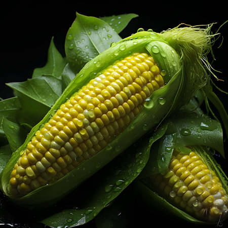 Close-up view of two yellow corn cobs in green leaves with water drops on them. Black background. Corn as a dish of Thanksgiving for the harvest, a picture on a white isolated background. An atmosphere of joy and celebration.の写真素材
