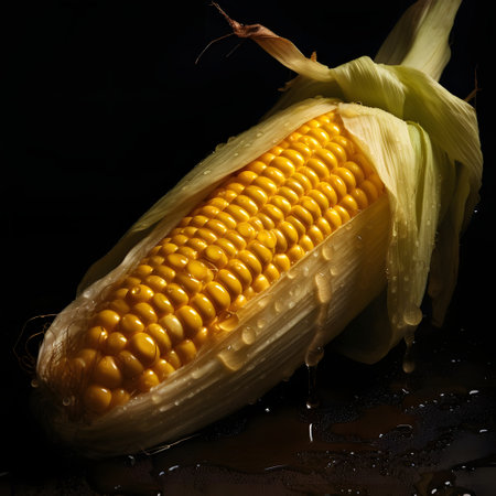 Yellow Corn Cob in Green Leaf, Dripping drops of water, dark background. Corn as a dish of...