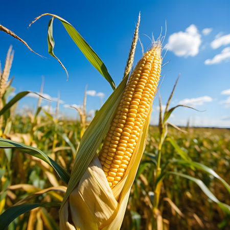 Yellow corn cob against a field and sky. Corn as a dish of thanksgiving for the harvest. An atmosphere of joy and celebration.の写真素材