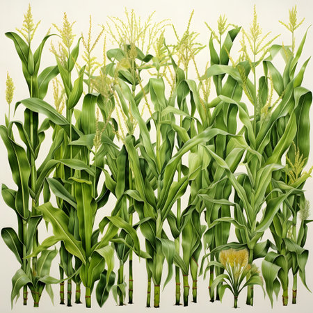 Corn plants with flower stage. Corn as a dish of Thanksgiving for the harvest, picture on a white isolated background. An atmosphere of joy and celebration.の写真素材