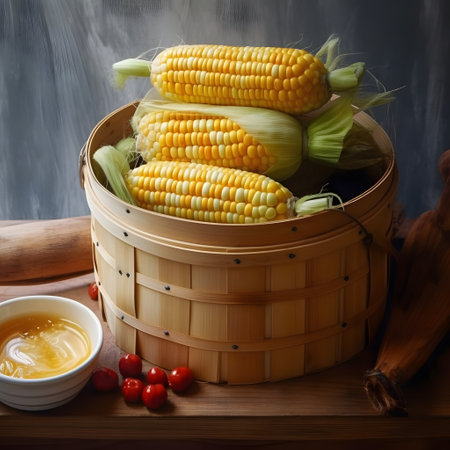 Yellow corn cobs on a wooden bucket. Corn as a dish of thanksgiving for the harvest. An atmosphere...