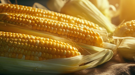 Yellow Cobs of Corn in Leafy Greens. Corn as a dish of thanksgiving for the harvest. An atmosphere...